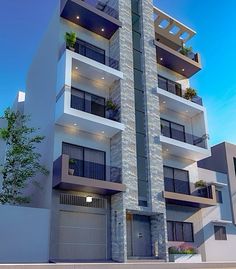 an artist's rendering of a modern apartment building with balconies and plants