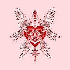 a heart with wings and a crown on it's side, surrounded by hearts