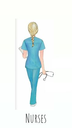 a drawing of a woman in scrubs with a dog on her leash and the words nurses written below