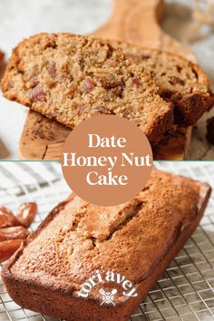 two pictures of date honey nut cake on a cooling rack