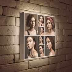 a woman's face is shown on a brick wall with multiple photos in it