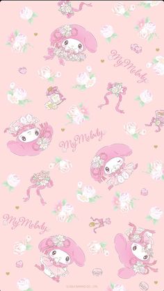 a pink wallpaper with white flowers and some animals on it's side,