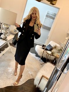 Style blogger wearing a black jacket with gold buttons and a black slip dress Black Dress With Jacket Outfit Classy, Strapless Dress With Jacket, Blazer And Black Dress, Blazer Going Out Outfit, Slip Dress Formal, Dress With Jacket Outfit, Formal Dress With Jacket