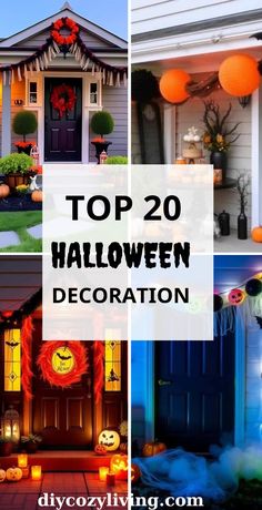 the top 20 halloween decorations on display in front of a house with candles and pumpkins