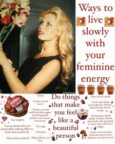 a woman holding flowers in her hand with the words, ways to live slowly with your feminine energy do things that make you feel like a beautiful person