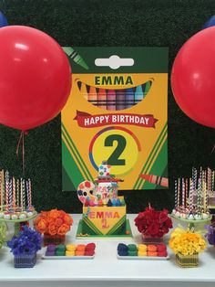 a birthday party with balloons, cake and cupcakes on a table in front of an emma sign