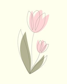 three pink tulips with green leaves on a white background in pastel colors