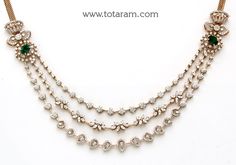 18 Karat Rose Gold Polish '3 - Lines' Diamond Necklace With Color Stones 
  This product has Inter Changeable Stones in the Necklace.
   

Introducing our exquisite 18 Karat Rose Gold Polish '3 - Lines' Diamond Necklace With Color Stones, a stunning piece of jewelry that will make you shine like never before. Made in India by Totaram Jewelers, this necklace is the epitome of elegance and sophistication.
  
  With its interchangeable stones, this necklace allows you to customize your look accordi Luxury Diamond Necklace For Engagement With Round Stone, Luxury Round Necklace With Tilla, Luxury Temple Jewelry With Single Cut Diamonds, Gold Diamond Necklace With Stone Work For Festive Occasions, Indian Daimond Necklaces, Traditional Diamond Necklace With Stones, Elegant Multi-stone Diamond Necklace Gift, New Gold Jewellery Designs, Vvs Diamond