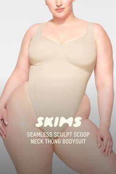 This scoop neck sculpting thong bodysuit enhances your natural shape while defining and smoothing your waist, core, tummy, and back. Features thick non-adjustable straps, center front and side stitching to define and support your bust, and a cotton gusset with snap closure. Fits true to size. | SKIMS Scoop Neck Thong Bodysuit | Light Neutral | 3XL | Seamless Sculpt Neck Sculpting, Side Stitch, Natural Shapes, Shapewear, Snap Closure, Scoop Neck, Adjustable Straps, Lounge Wear, Stitching