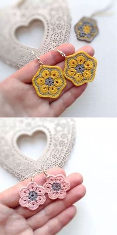 two pictures of the same pair of earrings being held by someone's hand,