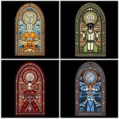 four stained glass windows with different colors and designs on them, each depicting an individual character