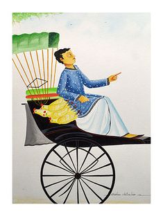 a painting of a man and woman riding in a horse drawn carriage