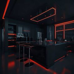 a dimly lit kitchen with bar stools and neon lights on the walls above it