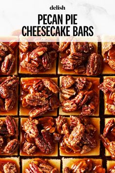 pecan pie cheesecake bars with caramel sauce and pecans in the middle