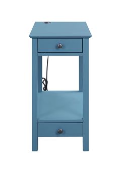 a blue nightstand table with an electrical outlet