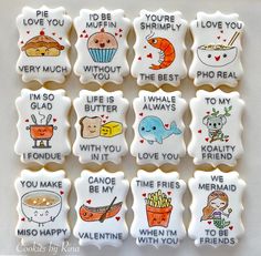 decorated cookies with words and pictures on them