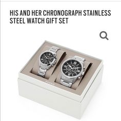 New! His And Her Chronograph Stainless Watch Gift Set. Elegant Chronograph Watch With Date Display As Gift, Gift Chronograph Watch With Stainless Steel Metal Dial, Stainless Steel Chronograph Watch With Metal Dial, Gift Stainless Steel Chronograph Watch With Metal Dial, Stainless Steel Chronograph Watch With Analog Display As Gift, Modern Chronograph Watch As A Gift, Modern Chronograph Analog Watch For Gift, Modern Chronograph Watch With Analog Display As Gift, Modern Analog Chronograph Watch As Gift