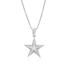 A shining symbol of her stellar status, this double-star pendant looks just perfect around her neck. Crafted in 18K white gold, this dazzling design features an inner diamond-lined star made up of 5 kite shaped diamonds, wrapped in a larger diamond-adorned star border. Bright and polished sparkle, this lovely pendant she can wear daily as well as on special occasions. 
0.35 carat
18k white gold
The Pendant design can be customized to suit your particular taste & budget with any Siz