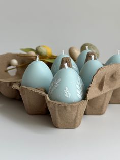 blue eggs are in an egg carton on a white surface with leaves painted on them