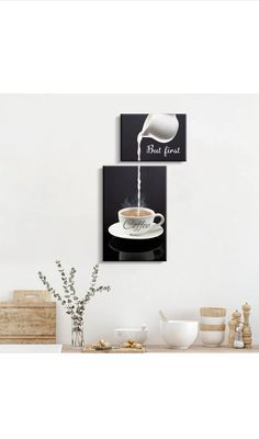 two pictures hanging on the wall with coffee being poured into a cup and saucer