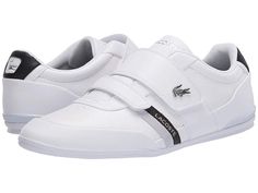 Lacoste Misano Strap 120 1 U - Men's Shoes : White/Black : The Lacoste Misano Strap 120 1 U are too cool to pass up on. Made from full grain leather with contrast logo details and striped throughout for added appeal. Dual functional hook-and-loop straps. Textile lining and insole. Flexible rubber outsole. Imported. Measurements: Weight: 10.8 oz Product measurements were taken using size 10, width M. Please note that measurements may vary by size. Weight of footwear is based on a single item, not Mens Lacoste, Lacoste Men, Shoe Size Conversion, Shoes White, Shoe Size Chart, Men Shoes Size, Full Grain Leather, Balenciaga, White Black