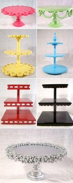 four tiered trays are shown with different colors and designs on each one side