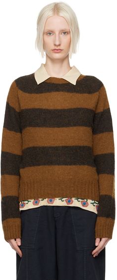 Brushed knit lambswool sweater. Stripes throughout. · Seamless construction · Rib knit crewneck, hem, and cuffs Supplier color: Brown stripe Clothing Wishlist, Lambswool Sweater, Knit Crewneck, Sweater Design, Striped Sweater, Knitwear Women, Stripe Sweater, Luxury Streetwear, Rib Knit