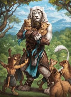 a painting of a man holding cats in his arms and surrounded by other animals around him