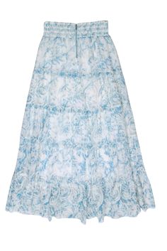 Embrace flow with this tiered maxi skirt by Alice & Olivia. A gorgeous white and blue watercolor print is is enhanced by eyelet embroidery and tiered ruffles. The smocked waist adds ease to the style for a range of movement. Keep it simple with a white ribbed tank, or add a one shoulder blouse to elevate for a daytime event. Size L 100% Polyester Fully lined Smocked waistband Zip closure Eyelet embroidery Waist 34" Total length 41" Rush Week Outfits, Summer List, Rush Week, Week Outfits, Outfit Inso, Olivia White, Eyelet Embroidery, Tiered Maxi Skirt, Floral Maxi Skirt