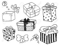 black and white hand drawn gift boxes with ribbons, bows and bowes on them