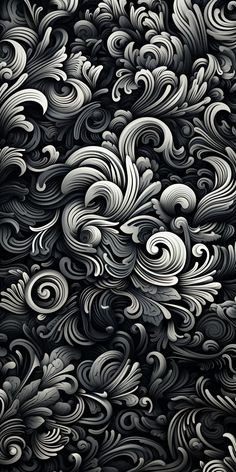 an abstract black and white background with swirly waves in the shape of flowers or leaves