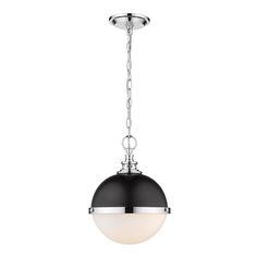 a black and white light fixture hanging from a chain on an isolated ceiling lamp with a round glass shade