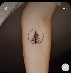 a small pine tree tattoo on the right forearm and arm, with a circle around it