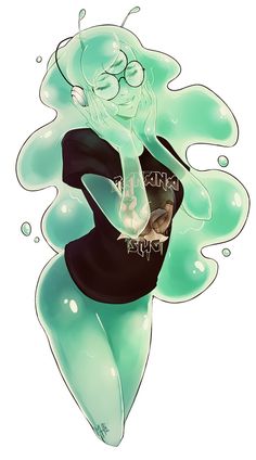 a drawing of a woman in black shirt and green pants with bubbles on her body