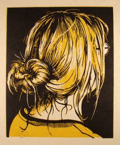 a black and yellow drawing of a woman's head with her hair in a bun