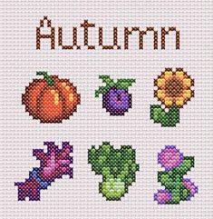 the cross stitch pattern for autumn is shown in different colors and sizes, including flowers