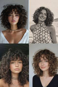 Shoulder Length Curly Hair With Fringe, Layered Chunky Curls With Bangs, Small Curly Hair, Square Face Curly Hair, Midi Hairstyle, Curly Hair Square Face, Curly Auburn Hair With Highlights, 3a Curly Haircut, Short Bob Curly Hair