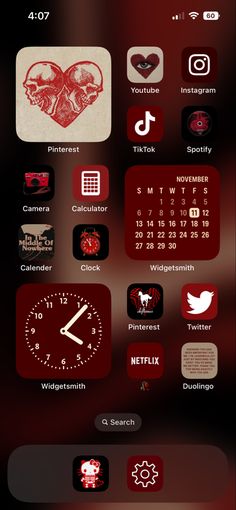 an iphone screen with various icons on it and the time in red, white and black