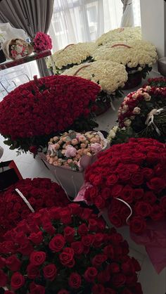 many red and white flowers on display in a store