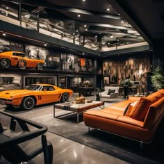 an orange sports car sits in the center of a showroom with other cars on display