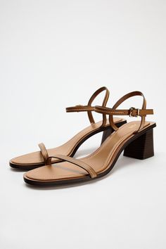 STITCHED HEELED LEATHER SANDALS - Brown | ZARA United States Leather Sandals With Penny Strap, Leather Sandals With Penny Strap For Spring, Leather Open Toe Sandals With Penny Strap, Leather Sandals With Penny Strap And Open Toe, Brown Leather Sandals With Penny Strap, Leather Slingback Sandals With Contrasting Heel For Summer, Leather Sandals With Contrasting Heel Counter And Ankle Strap, Leather Slingback Sandals With Low Heel And Adjustable Strap, Leather Double Strap T-strap Sandals For Spring