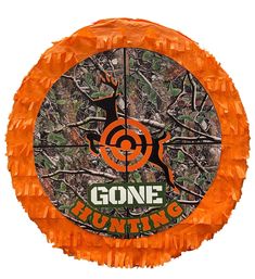 an orange frisbee with the words gone hunting on it and a deer target in the center