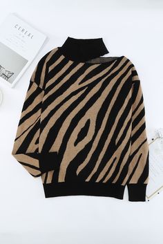 Black Zebra Print Mock Neck Cold Shoulder Sweater Trendy Black Zebra Print Tops, Black Zebra Print Top For Workwear, High Neck Designs, High Neck Sweater, Cold Shoulder Sweater, Off Shoulder Sweater, Women Wholesale, Winter Sweaters, Shoulder Sweater