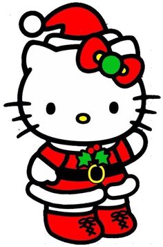 a hello kitty christmas card with a santa hat and holly wreath on the bottom,