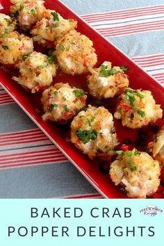 a red plate filled with baked crab and pepper delights on top of a striped table cloth