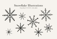 snowflakes are drawn in black and white with the words snowflake illustrations