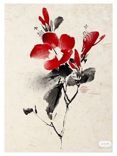 an artistic painting with red flowers on a white background