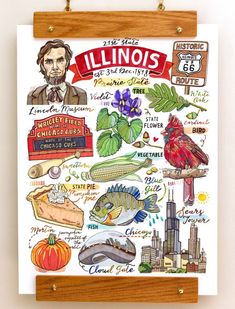 a poster hanging on a wall with the words illinois written in different languages and pictures