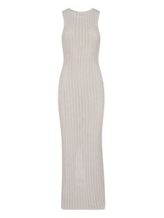 Ludovic de Saint Sernin cream knit shift maxi dress in cotton and linen blend, scoop neck, sleeveless, central split at the back, straight hem. Composition: 73% Cotton, 17% Linen, 10% Polyester Chic Beige Maxi Dress With Side Slits, Elegant Sleeveless Neutral Maxi Dress, Sleeveless Beige Maxi Dress With Side Slits, Chic Neutral Sleeveless Maxi Dress, Ludovic De Saint Sernin, Maxi Shift Dress, Knit Maxi Dress, Maxi Knit Dress, Top Designer Brands