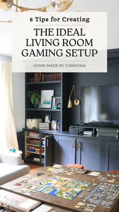 the ideal living room gaming setup with text overlay that reads 8 tips for creating the ideal living room gaming setup